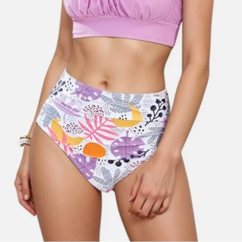 High-Waist Tropical Print Bikini Bottoms